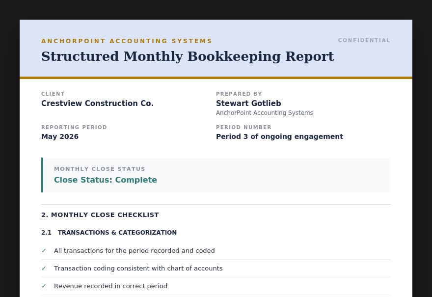 Sample AnchorPoint Structured Monthly Bookkeeping Report cover